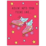 Roller Skates Teens Birthday Card with Stars Fun Pink Retro Design