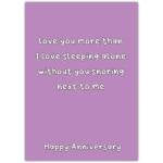 Funny Purple Anniversary Card Love You More Than Sleeping Alone Snoring Humor
