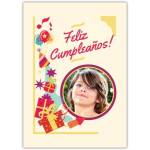 Personalised Feliz Cumpleaños Birthday Card with Photo and Colourful Presents Design