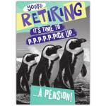 Retirement Card Featuring Penguins with Humorous Pension Message for Work Farewell