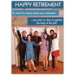 Happy Retirement Humorous Card with Vintage Office Team Celebrating Work Farewell