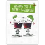 Witty Merry Christmas Humour Card Featuring Two Cheerful Sherry Glasses Wearing Festive Hats