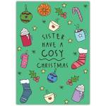 Cosy Christmas Card for Sister with Festive Drinks and Stockings Design