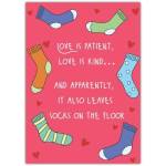 Love Is Patient Humorous Socks Design Romantic Greeting Card for Anniversaries and Valentine’s Day