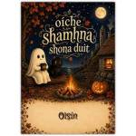 Oiche Shamhna Halloween Greeting Card with Ghost and Black Cat Campfire Scene