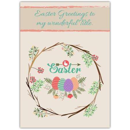 Personalised Easter Greetings Card with Festive Wreath and Colourful Eggs Design