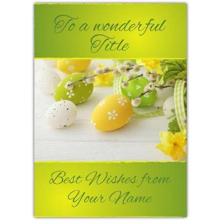Personalised Easter Wishes Card with Painted Eggs and Spring Flowers Design