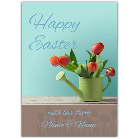 Personalised Happy Easter Card with Red Tulips in Green Watering Can Design