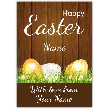 Personalised Happy Easter Card with Golden Eggs on Grass and Wood Background