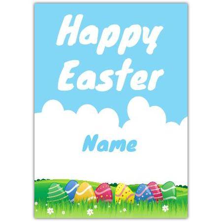 Personalised Happy Easter Card with Colourful Eggs in Meadow Design