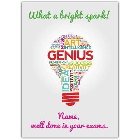 Well Done in Your Exams Bright Spark Lightbulb Congratulations Card with Personalised Name