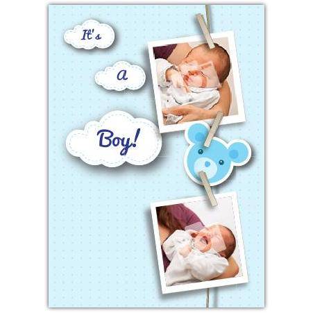 New Baby Boy Congratulations Card with Blue Photo Pegs and Teddy Bear Design