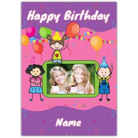 Personalised Girls Birthday Card with Photo Frame and Party Balloon Design