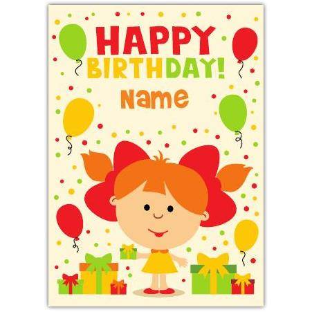 Personalised Girls Happy Birthday Card with Balloons and Presents Design