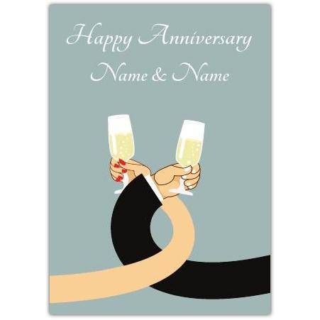 Personalised Happy Anniversary Card with Linking Arms and Champagne Glasses Design