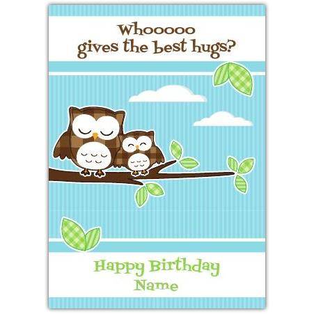 Personalised Happy Birthday Card with Two Owls Hugging on Branch Design