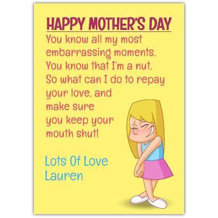 Humorous Happy Mothers Day Card Embarrassing Moments and Love Personalised Available