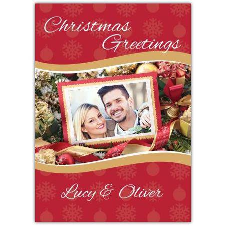 Personalised Christmas Greetings Photo Card with Festive Red Gold Design
