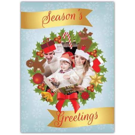 Personalised Season's Greetings Christmas Photo Wreath Card for Family Celebrations