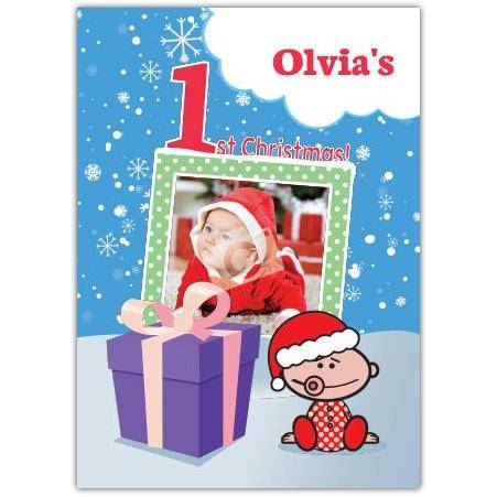 Personalised Baby's First Christmas Photo Card with Festive Snowflakes and Gift Design