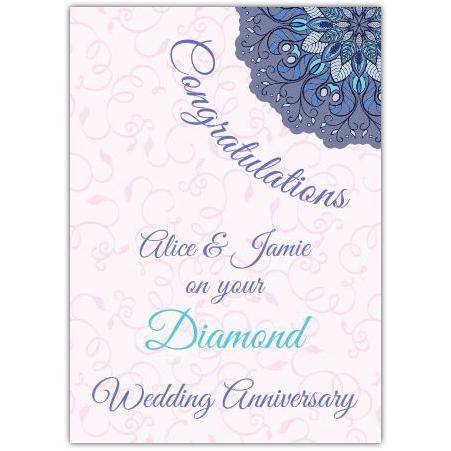 Personalised Diamond Wedding Anniversary Card with Elegant Blue Floral Design