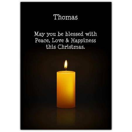Personalised Christmas Card with Candle and Peace Love Happiness Blessing