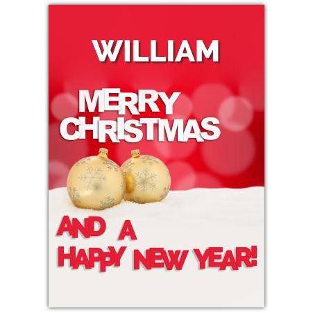 Personalised Merry Christmas and Happy New Year Card with Festive Baubles on Red Background