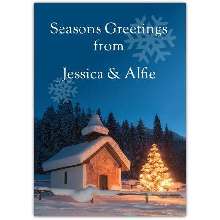 Personalised Seasons Greetings Christmas Card with Winter Church and Lit Tree Scene