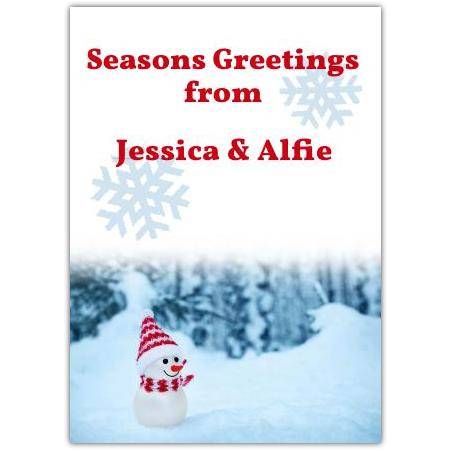 Personalised Snowman Seasons Greetings Card with Winter Snowflake Design
