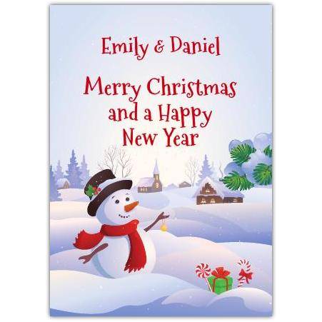 Personalised Merry Christmas and Happy New Year Snowman Winter Scene Card