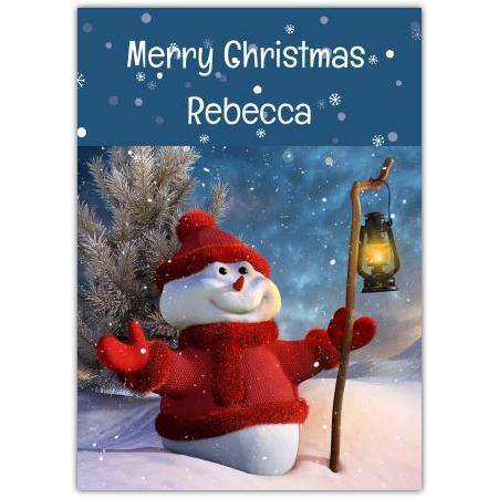 Personalised Merry Christmas Snowman With Lantern Winter Scene Card