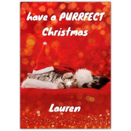 Personalised Purrfect Christmas Kitten Greeting Card with Santa Hat Design