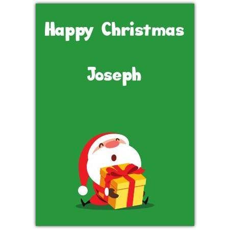 Personalised Happy Christmas Card with Cute Santa and Gift on Green Background