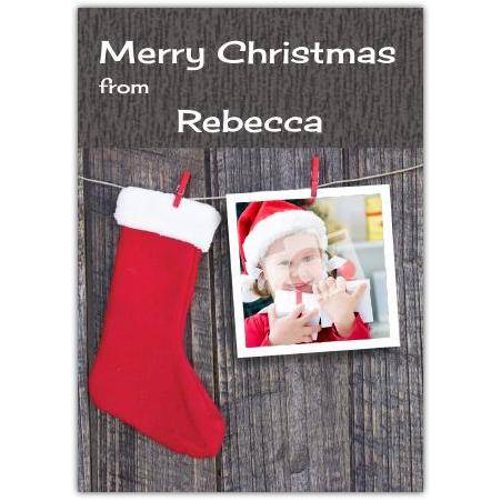 Personalised Merry Christmas Stocking and Photo Hanging Peg Card for Festive Greetings