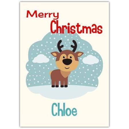 Personalised Cute Reindeer in Snow Christmas Card with Name Customisation