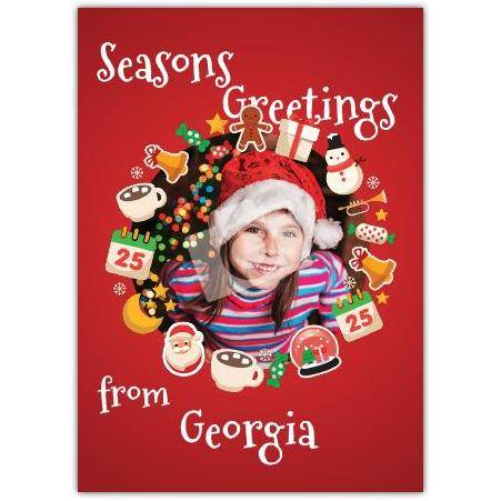 Personalised Seasons Greetings Christmas Photo Card with Festive Decorations and Santa Hat