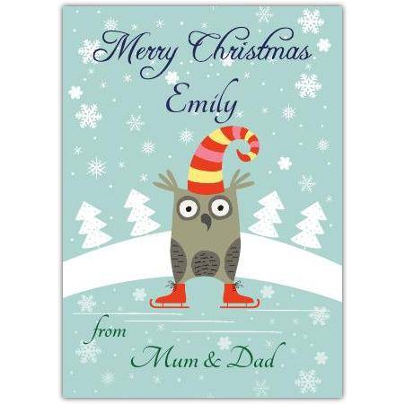 Personalised Skating Owl Christmas Card with Snowflakes and Trees for Kids and Family