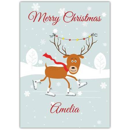 Personalised Skating Reindeer Christmas Card with Custom Name and Festive Lights Design