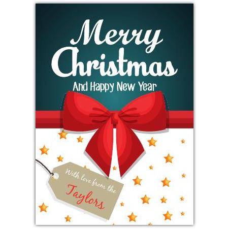 Personalised Red Bow Merry Christmas and Happy New Year Card with Stars Design