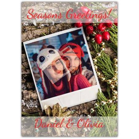 Seasons Greetings Personalised Polaroid Photo Christmas Card with Festive Holly and Pine Design