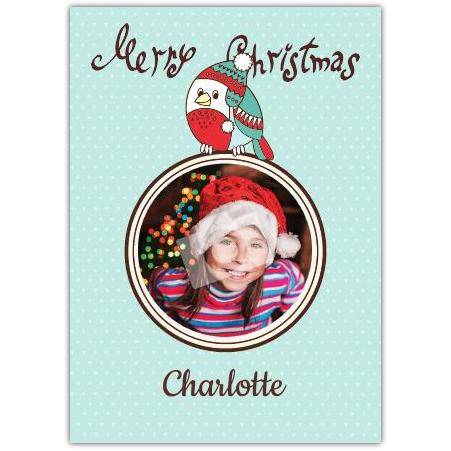 Personalised Merry Christmas Robin Photo Card with Custom Name on Blue Background