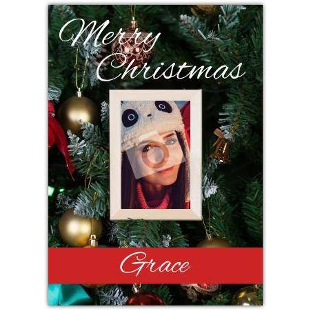 Personalised Merry Christmas Photo Card with Christmas Tree Baubles Design