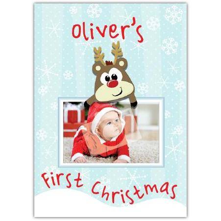 Personalised Baby First Christmas Photo Card with Cute Reindeer Design