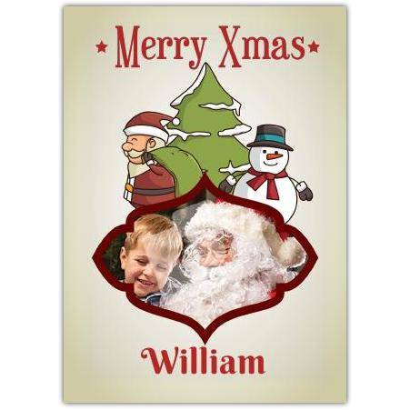 Personalised Merry Xmas Christmas Tree Santa And Snowman Photo Card
