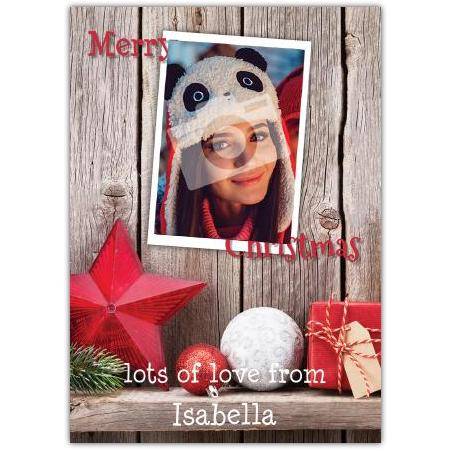 Personalised Merry Christmas Photo Card with Rustic Wood Shelf Decorations