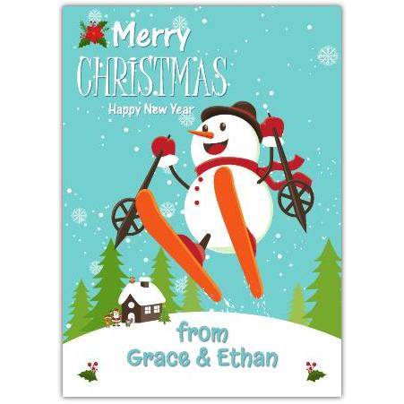 Personalised Merry Christmas Snowman Skiing Funny Holiday Greeting Card