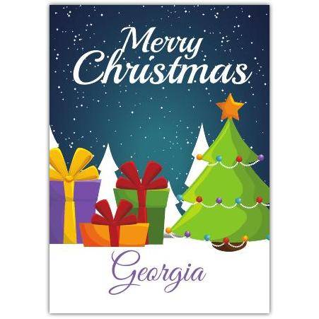 Personalised Merry Christmas Card with Festive Tree and Colourful Gifts Design