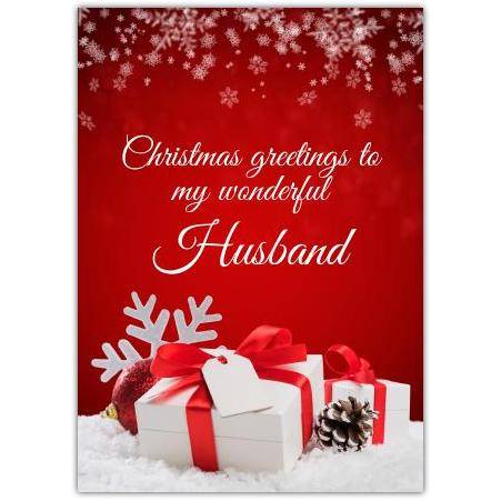 Christmas Greetings to My Wonderful Husband Red Festive Christmas Card with Gift Design