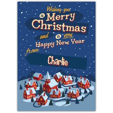 Personalised Merry Christmas and Happy New Year Village Scene Card with Custom Name