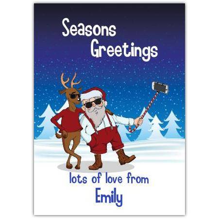 Personalised Santa and Reindeer Selfie Seasons Greetings Christmas Card